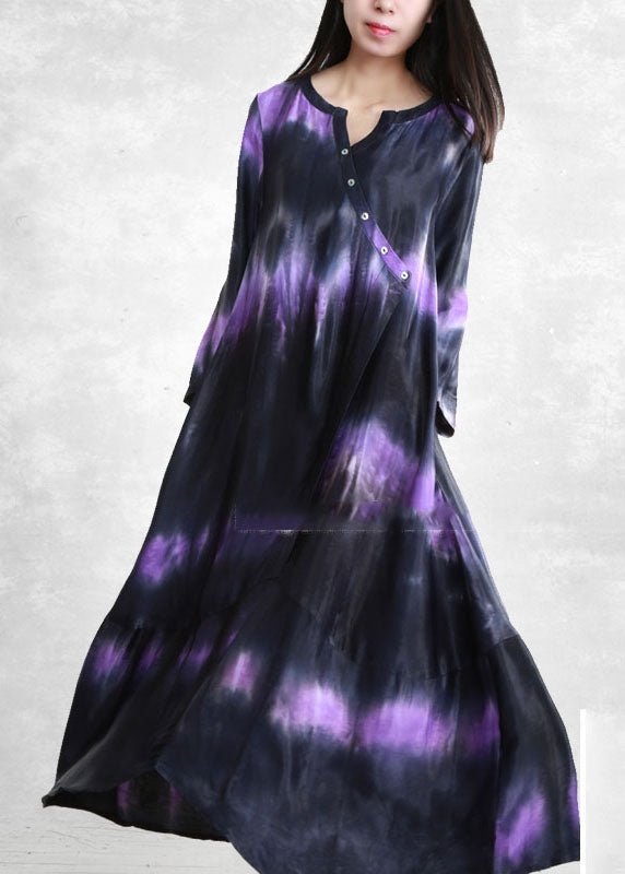 French Black Blue Gradient Color V Neck Asymmetrical Pockets Long Dress Long Sleeve