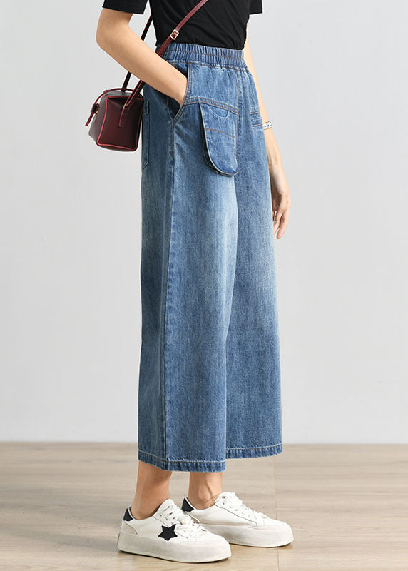 Denim Blue Elastic Waist Pockets Cotton Wide Leg Crop Pants Summer