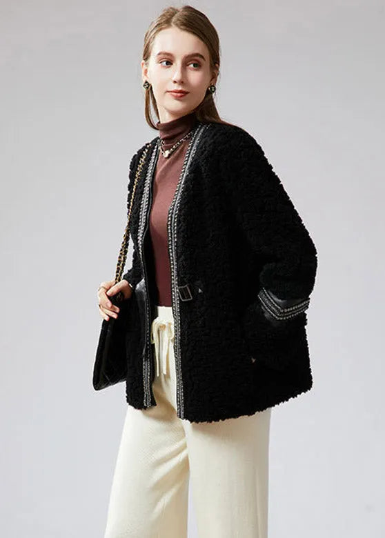 Black V Neck Patchwork Sashes Faux Fur Coat Winter