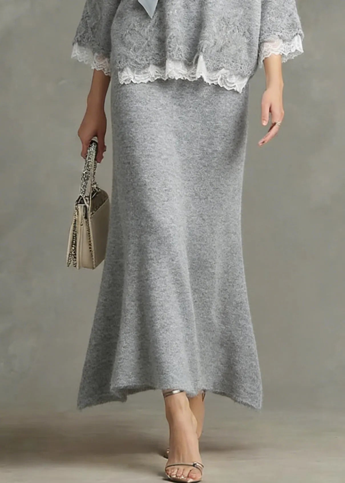 Loose Light Grey Nail Bead Lace Patchwork Knit Two Piece Set Spring