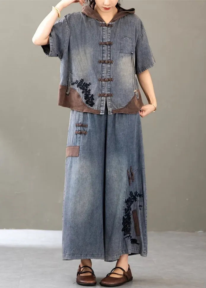 New Blue Embroidered Tops and Wide Leg Pants Two Pieces Set Summer