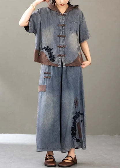 New Blue Embroidered Tops and Wide Leg Pants Two Pieces Set Summer