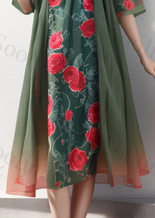 Style Green O-neck Print Patchwork Silk Dress Half Sleeve