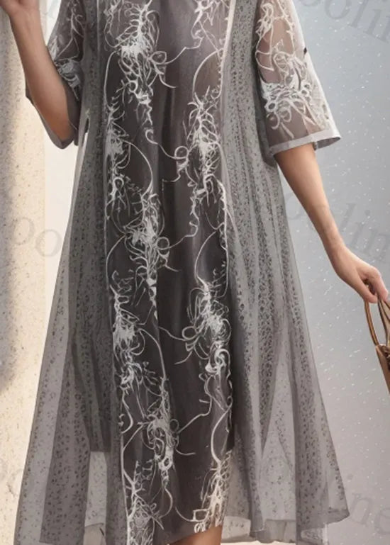 Grey O Neck Print False Two Pieces Silk Dresses Summer
