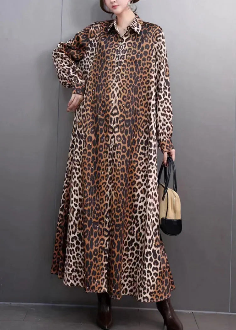 Blue Leopard Peter Pan Collar Maxi Shirts Dress Spring