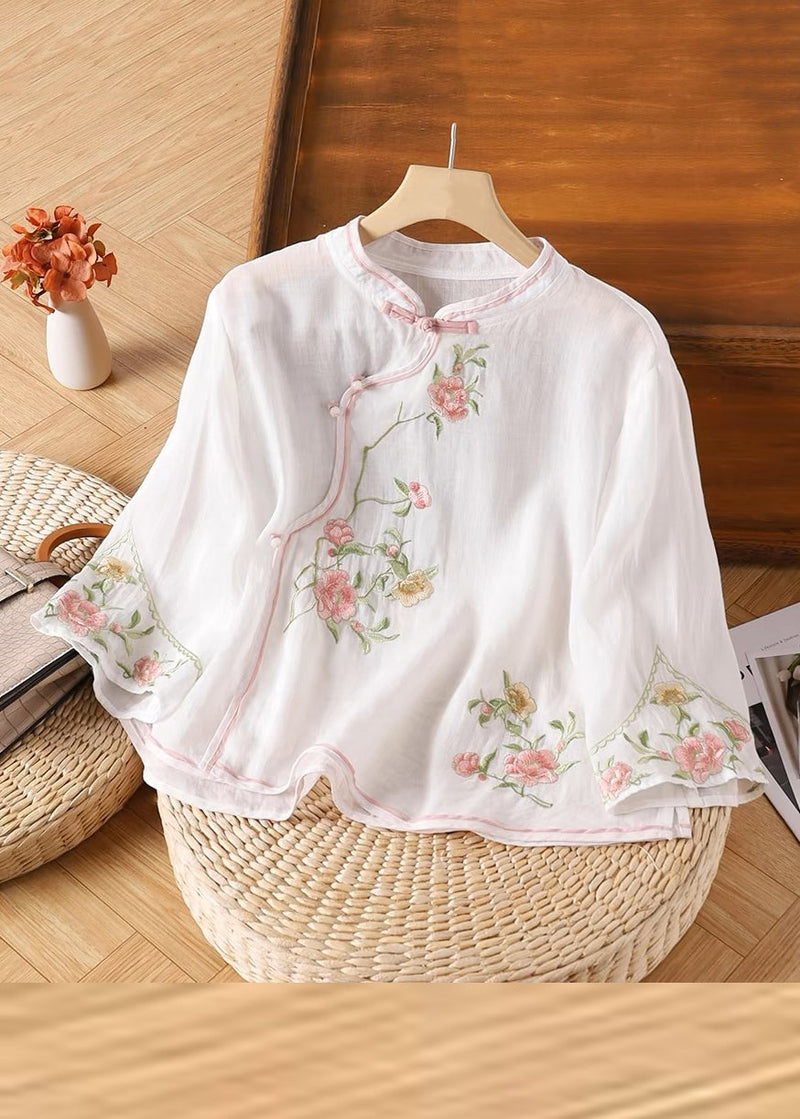 Handmade Yellow Embroidered Button Linen Shirt Bracelet Sleeve Fall