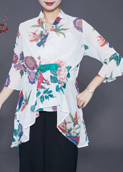 White Asymmetrical Print Chiffon Shirts Flare Sleeve