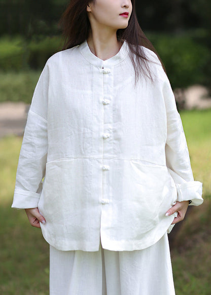 White Stand Collar Button Linen Coats Spring