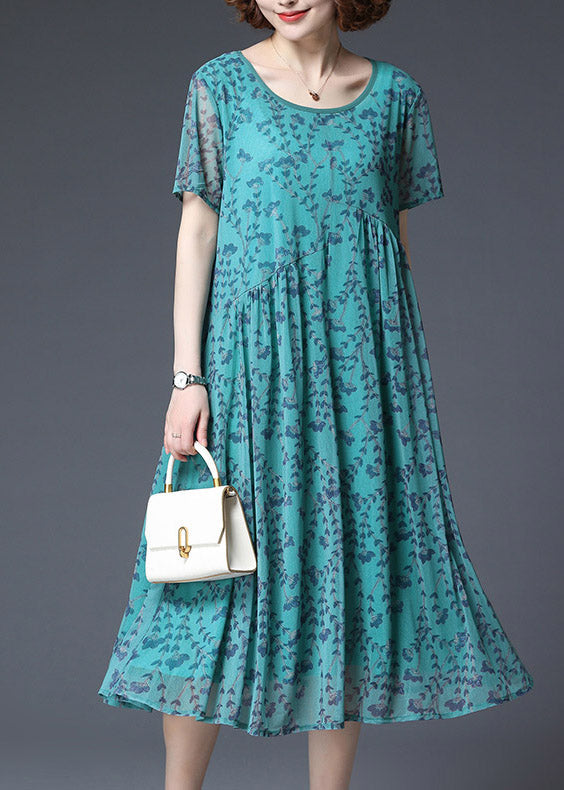 Loose Green O-neck Print Chiffon Long Dress Short Sleeve