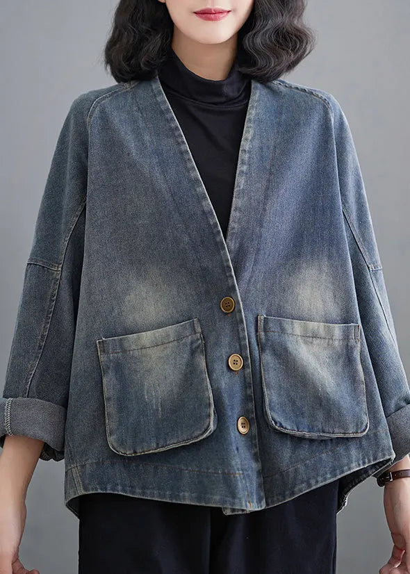 Retro Blue V Neck Patchwork Pockets Denim Coats Fall
