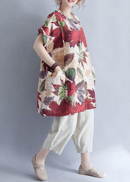 Retro O-neck Print Loose Fall Top Short Sleeve