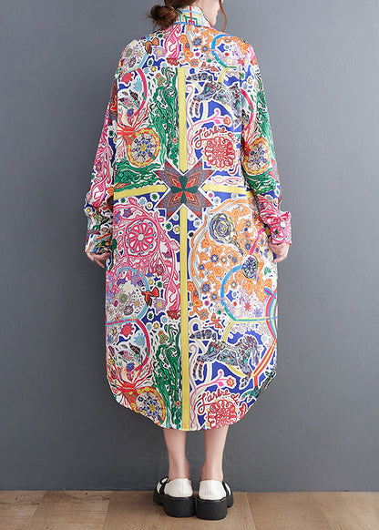 Peter Pan Collar Print Button Long Shirts Dress Long Sleeve