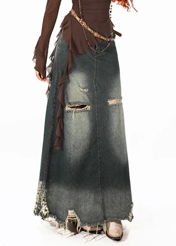 Retro Blue High Waist Hole Denim Maxi Skirt Summer