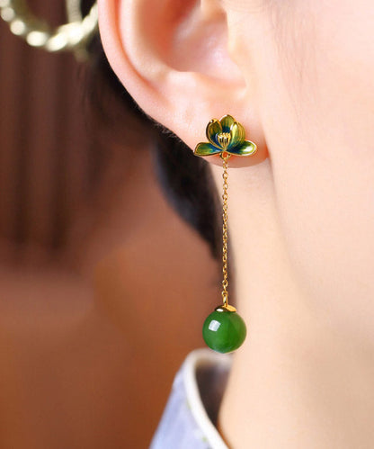 Green Sterling Silver Jade Enamel Lotus Tassel Drop Earrings