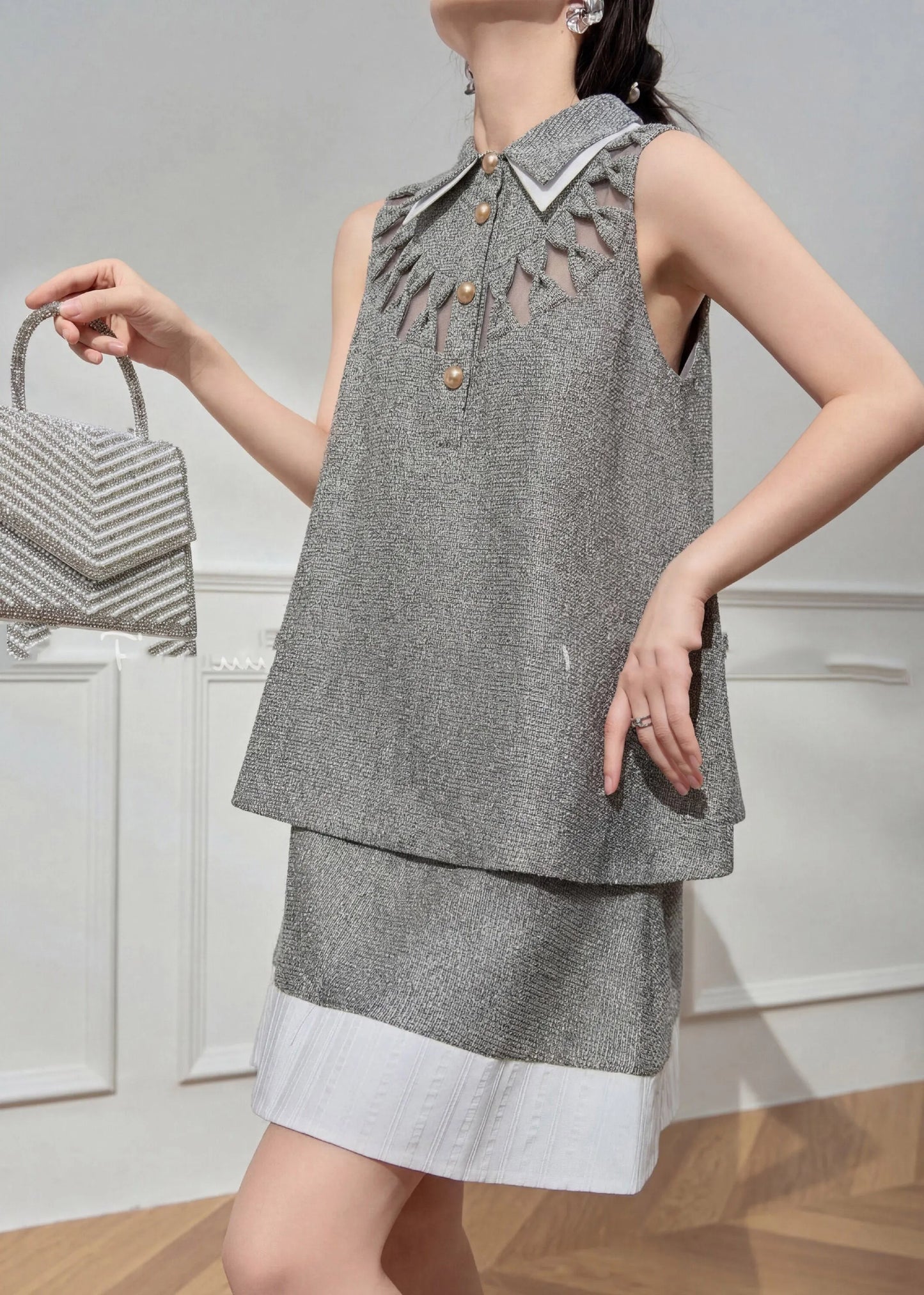 Art Grey Peter Pan Collar Hollow Out Top and Skirts Two Pieces Set Summer