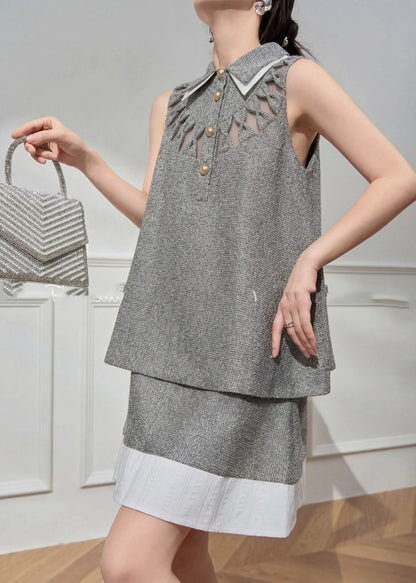 Art Grey Peter Pan Collar Hollow Out Top and Skirts Two Pieces Set Summer