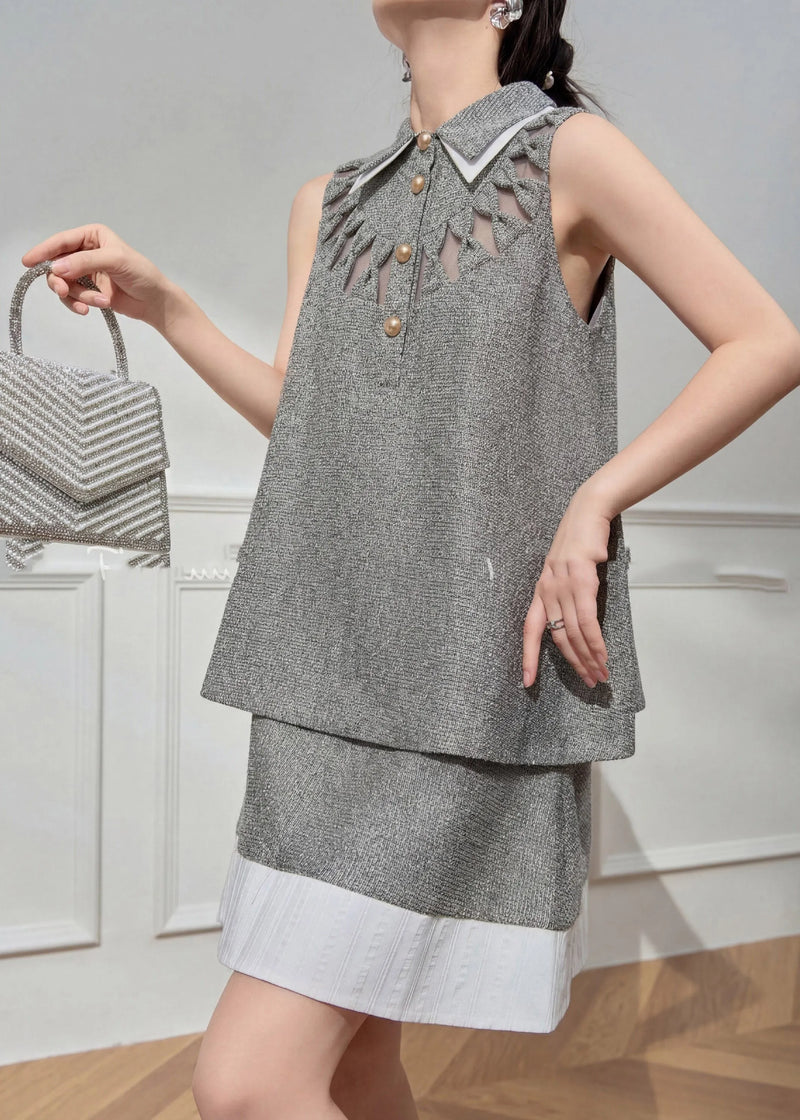 Art Grey Peter Pan Collar Hollow Out Top and Skirts Two Pieces Set Summer