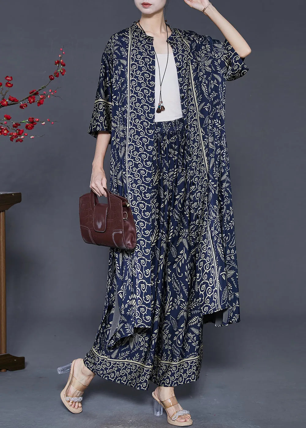 Navy Print Silk Two Piece Set Clothing Oversized Summer