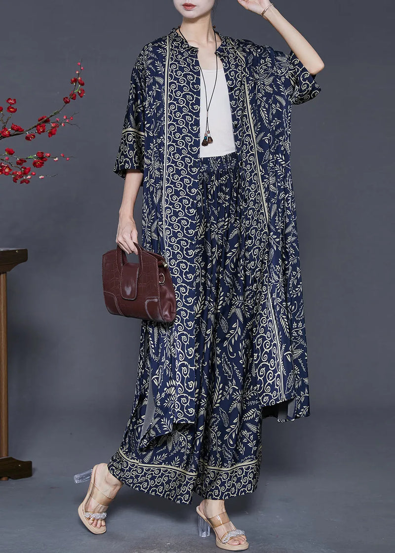 Navy Print Silk Two Piece Set Clothing Oversized Summer