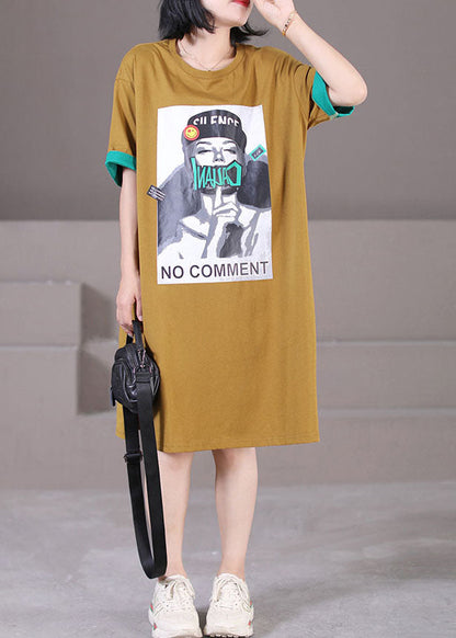 Yellow O-neck Patchwork Applique Side Open Cotton Maxi Dress Short Sleeve