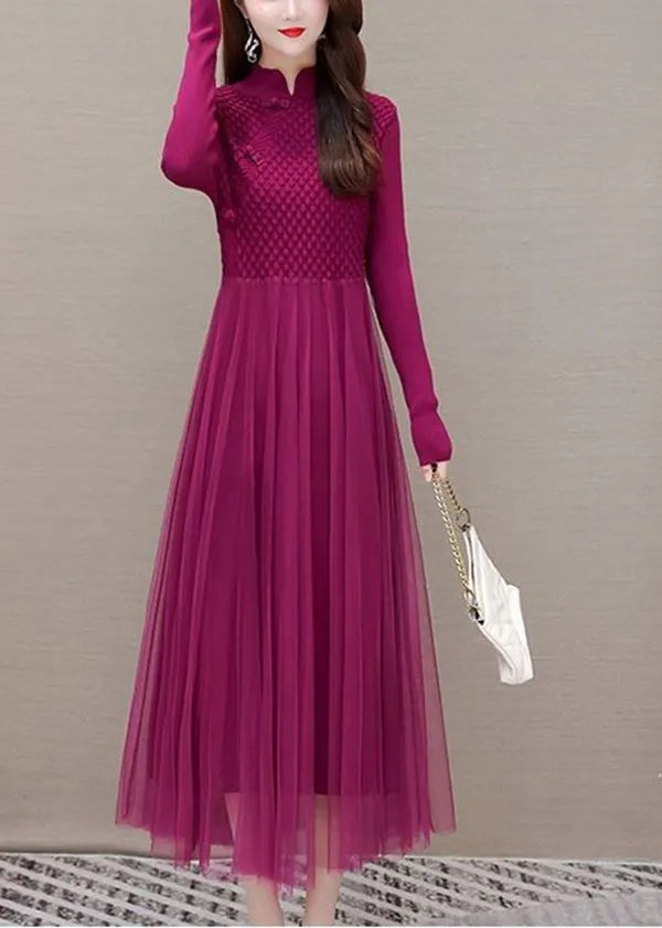 Rose Chinese Button Patchwork Silm Fit Knit Dress Spring