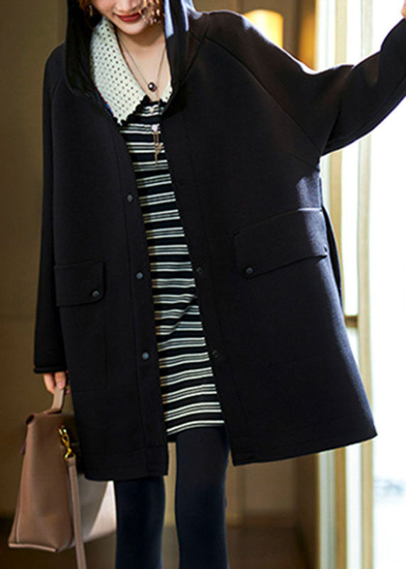 Dark Blue Button Hooded Fleece Coats Fall