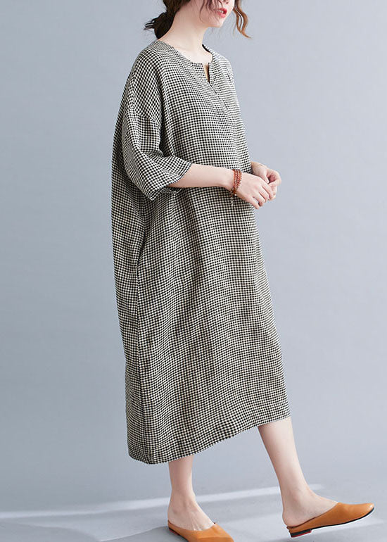 Black Plaid Cotton Holiday Dress O-neck Short Sleeve