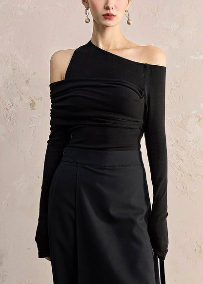 Slim Fit Black Asymmetrical Cotton T Shirt Fall