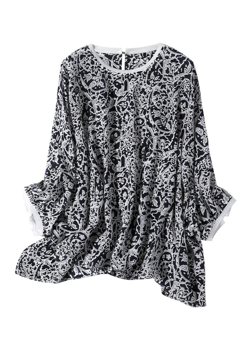 Retro Black O-neck Print Silk Shirts Long Sleeve
