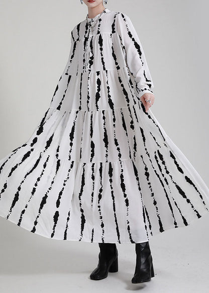 Boutique White Print Patchwork Asymmetrical Design Fall Vacation Dresses Long Sleeve