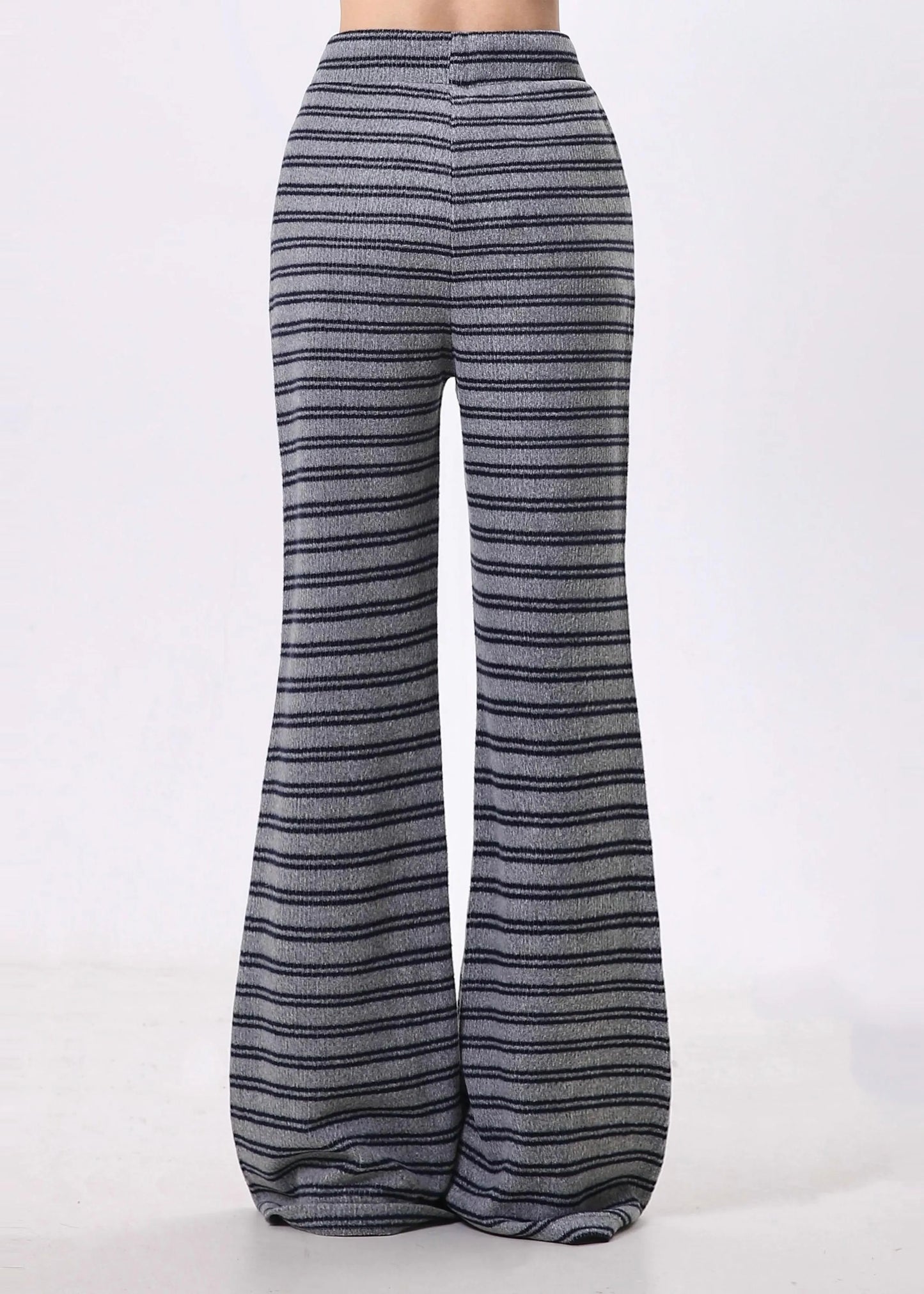 Grey Striped Cotton Bell-bottom Trousers Spring