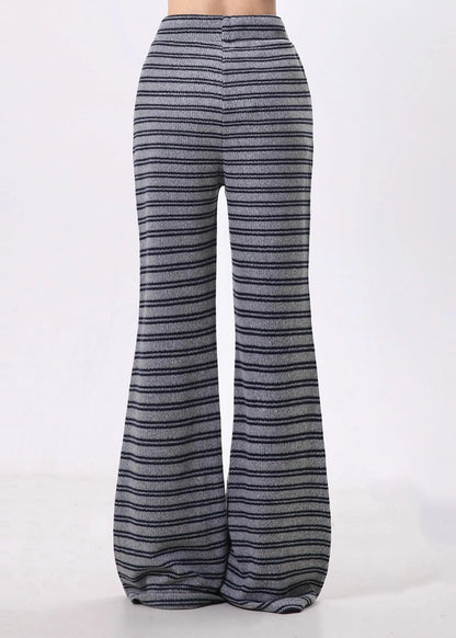 Grey Striped Cotton Bell-bottom Trousers Spring