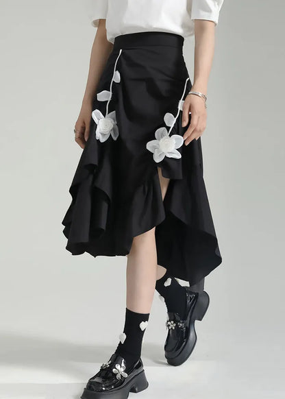Black Wrinkled Asymmetrical Patchwork Cotton Skirt Fall