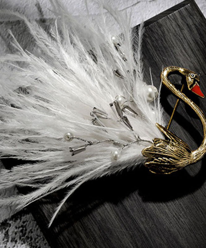 Black Alloy Pearl Swan Feather Brooches