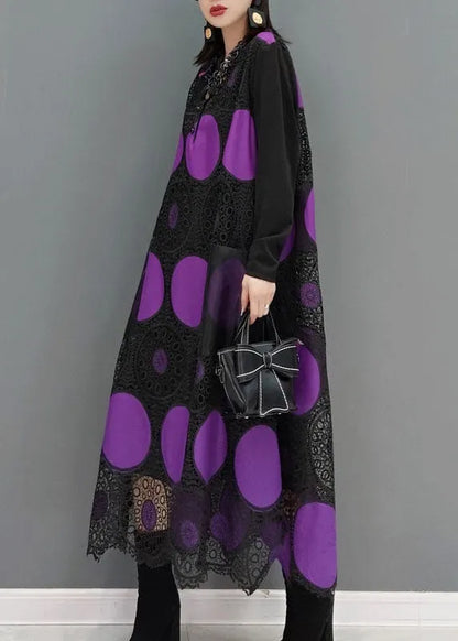 Purple Pockets Dot Print Patchwork Lace Maxi Dress Spring