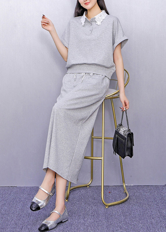 Grey Lace Patchwork Top and Maxi Skirts Two Piece Set Summer