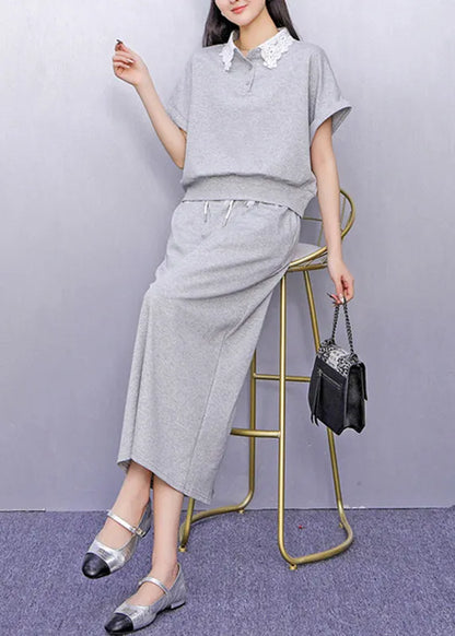 Grey Lace Patchwork Top and Maxi Skirts Two Piece Set Summer