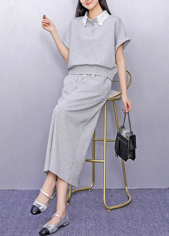 Grey Lace Patchwork Top and Maxi Skirts Two Piece Set Summer