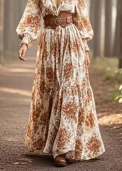 Khaki Cinched Print Cotton Maxi Dresses Spring