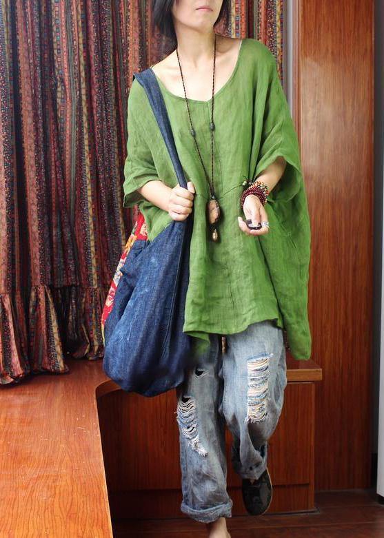 Green U Neck Linen Summer Shirt Tops