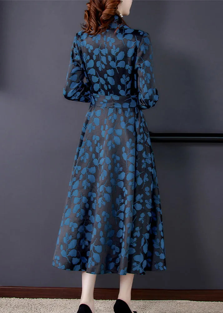 Notched Print Pockets Tie Waist Silk Trench Coats Long Sleeve