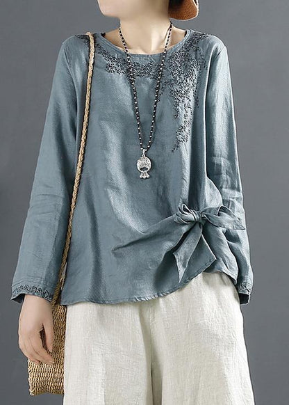 Unique Blue Print Tops O Neck Cotton Blouses