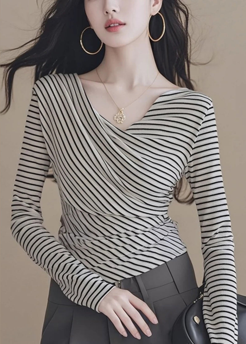 Black White Striped V Neck Tops Spring