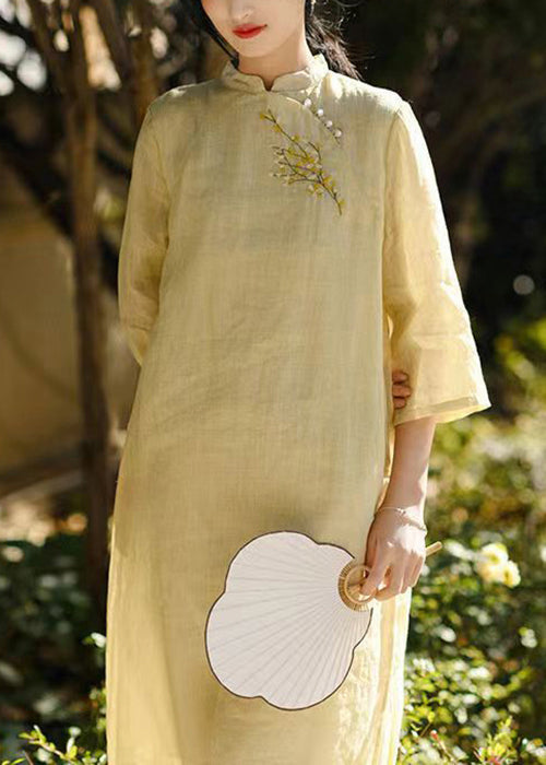 Classy Yellow Embroideried Button Linen Dresses Bracelet Sleeve