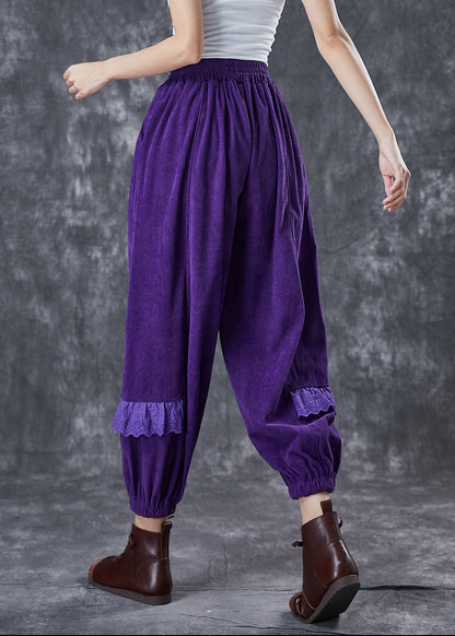 Dull Purple Embroideried Patchwork Corduroy Pants Fall