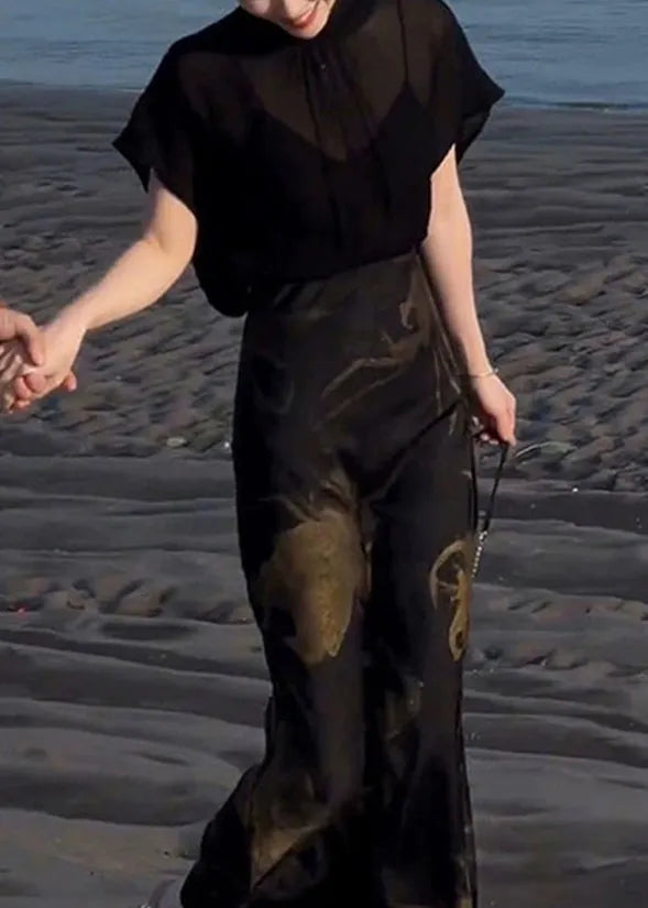 Italian Black Lace Up Tops and Print Skirts Chiffon Two Pieces Set Summer