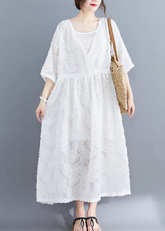 White Extra Large Hem Long Dress Two Pieces Sets Cinched Half Sleeve