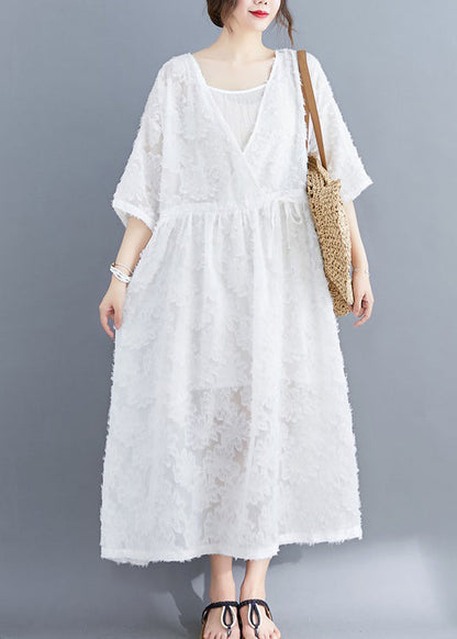 White Extra Large Hem Long Dress Two Pieces Sets Cinched Half Sleeve