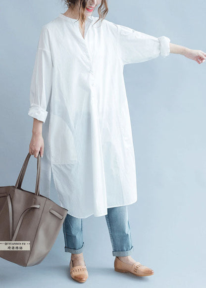 Fine White Pockets Button Side Open Fall Shirt Long Sleeve
