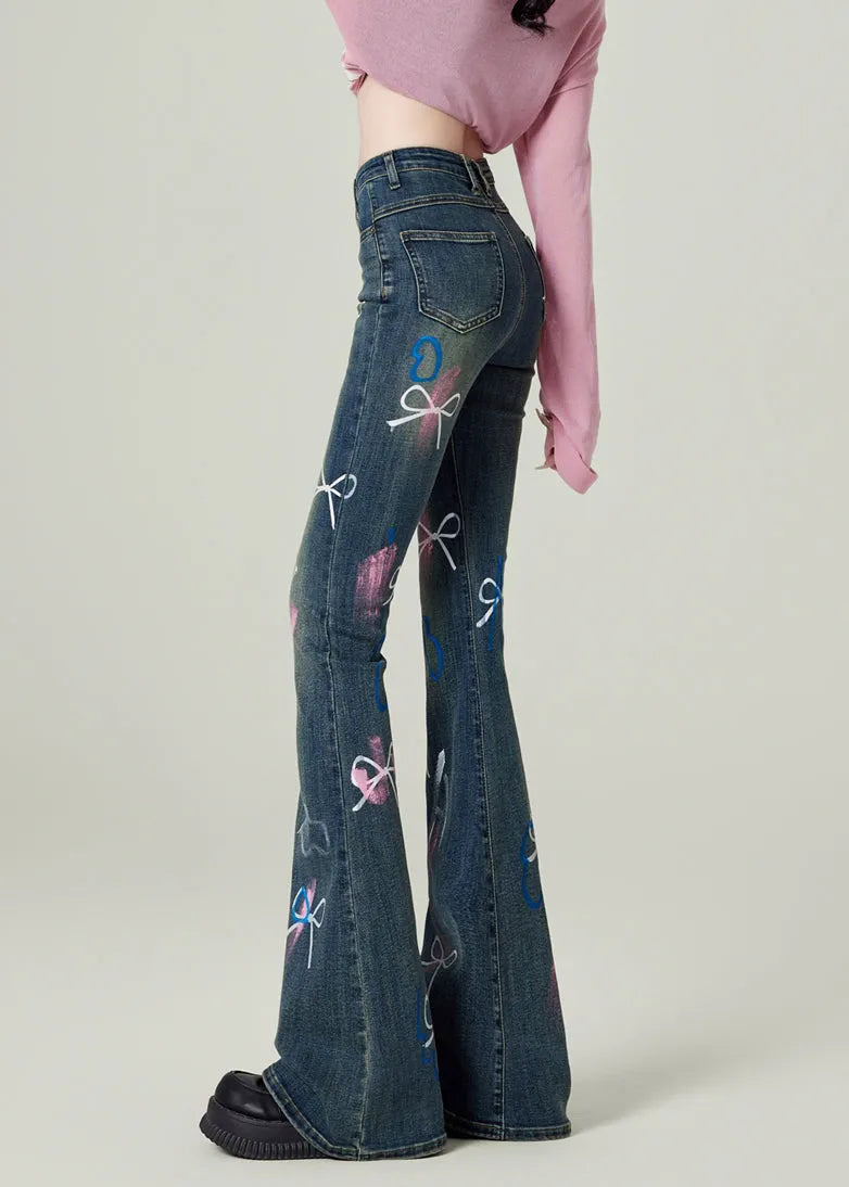 Blue Pockets Bow Print Denim Flared Trousers Spring